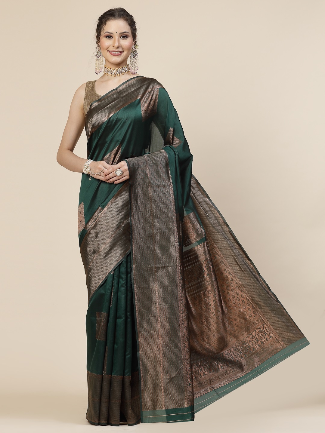 

KALINI Ethnic Motifs Woven Design Jacquard Zari Banarasi Saree, Green