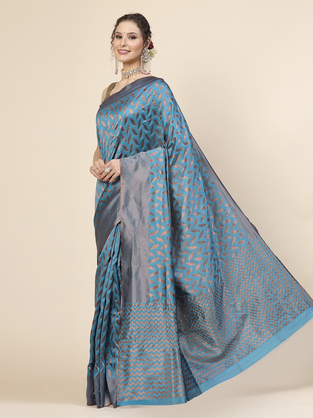 

KALINI Ethnic Motifs Woven Design Jacquard Zari Banarasi Saree, Blue