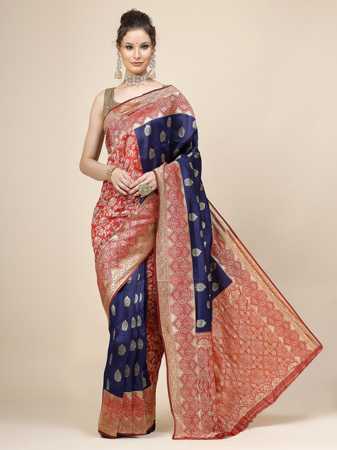 

KALINI Ethnic Motifs Woven Design Jacquard Zari Banarasi Saree, Blue