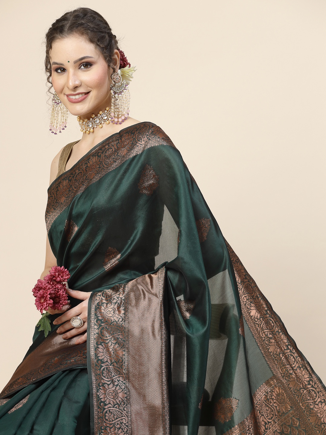 

KALINI Ethnic Motifs Woven Design Jacquard Zari Banarasi Saree, Green