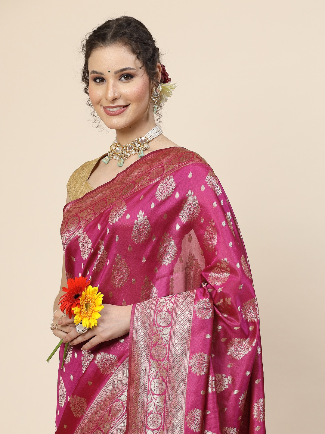 

KALINI Ethnic Motif Woven Design Zari Jacquard Banarasi Saree, Pink