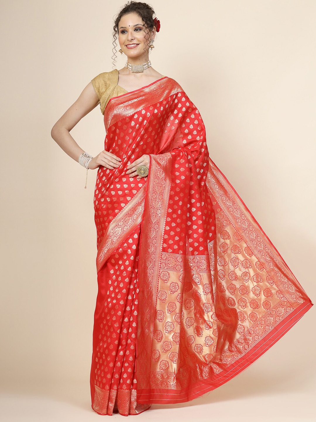 

KALINI Ethnic Motifs Woven Design Jacquard Zari Banarasi Saree, Red