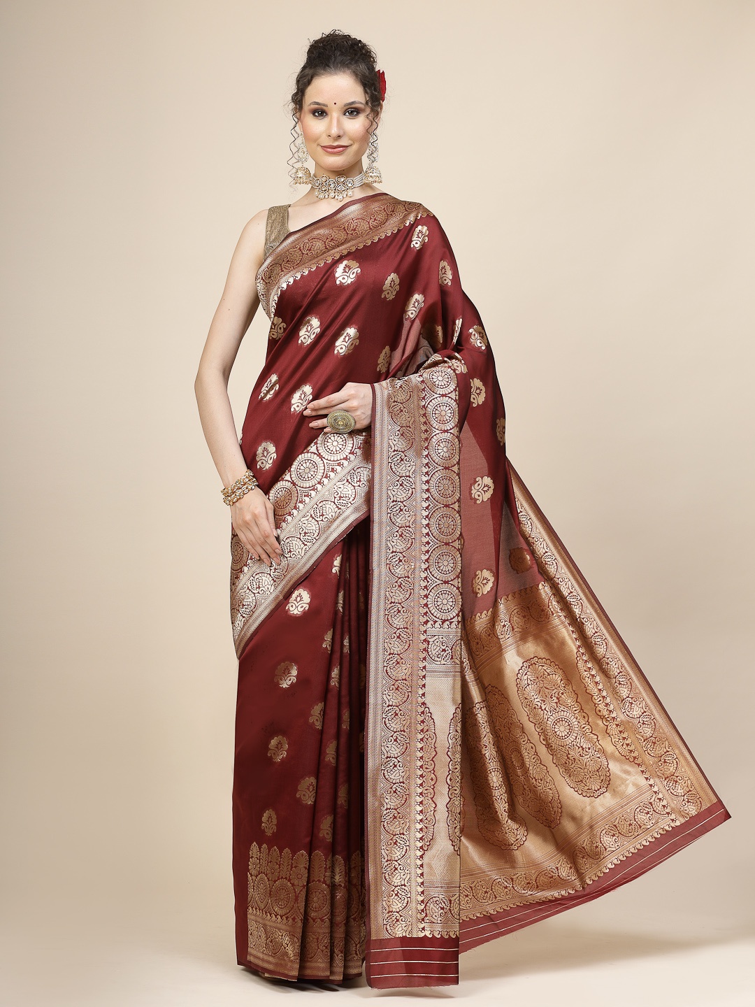 

KALINI Ethnic Motifs Woven Design Jacquard Zari Banarasi Saree, Maroon