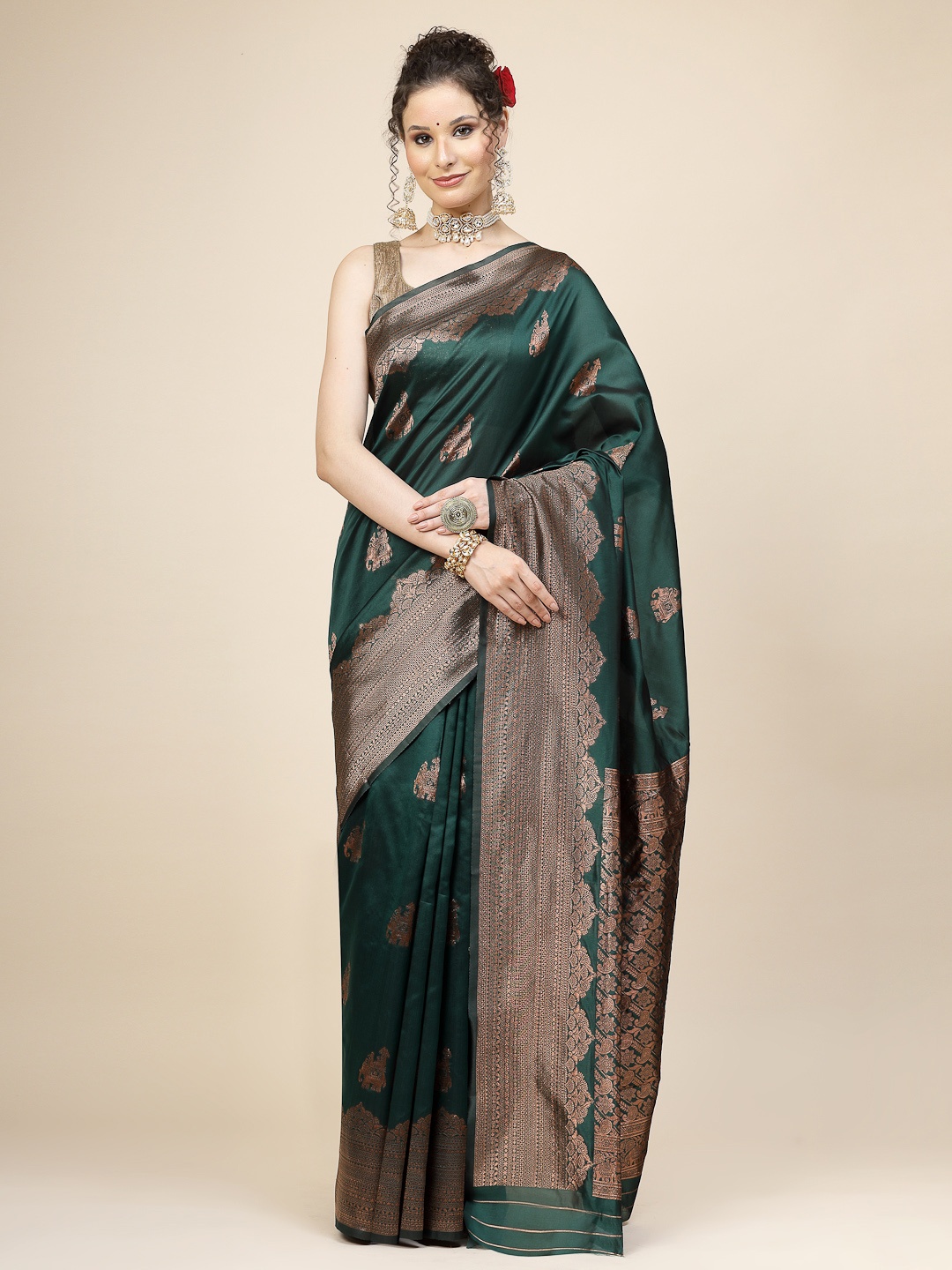 

KALINI Ethnic Motifs Woven Design Jacquard Zari Banarasi Saree, Green