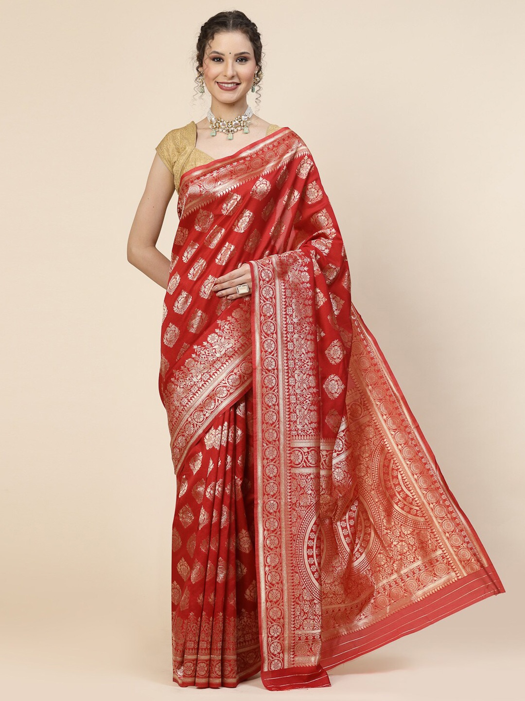 

KALINI Ethnic Motifs Woven Design Zari Banarasi Saree, Red