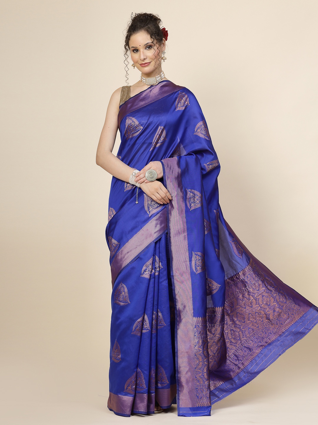 

KALINI Ethnic Motifs Woven Design Jacquard Zari Banarasi Saree, Blue