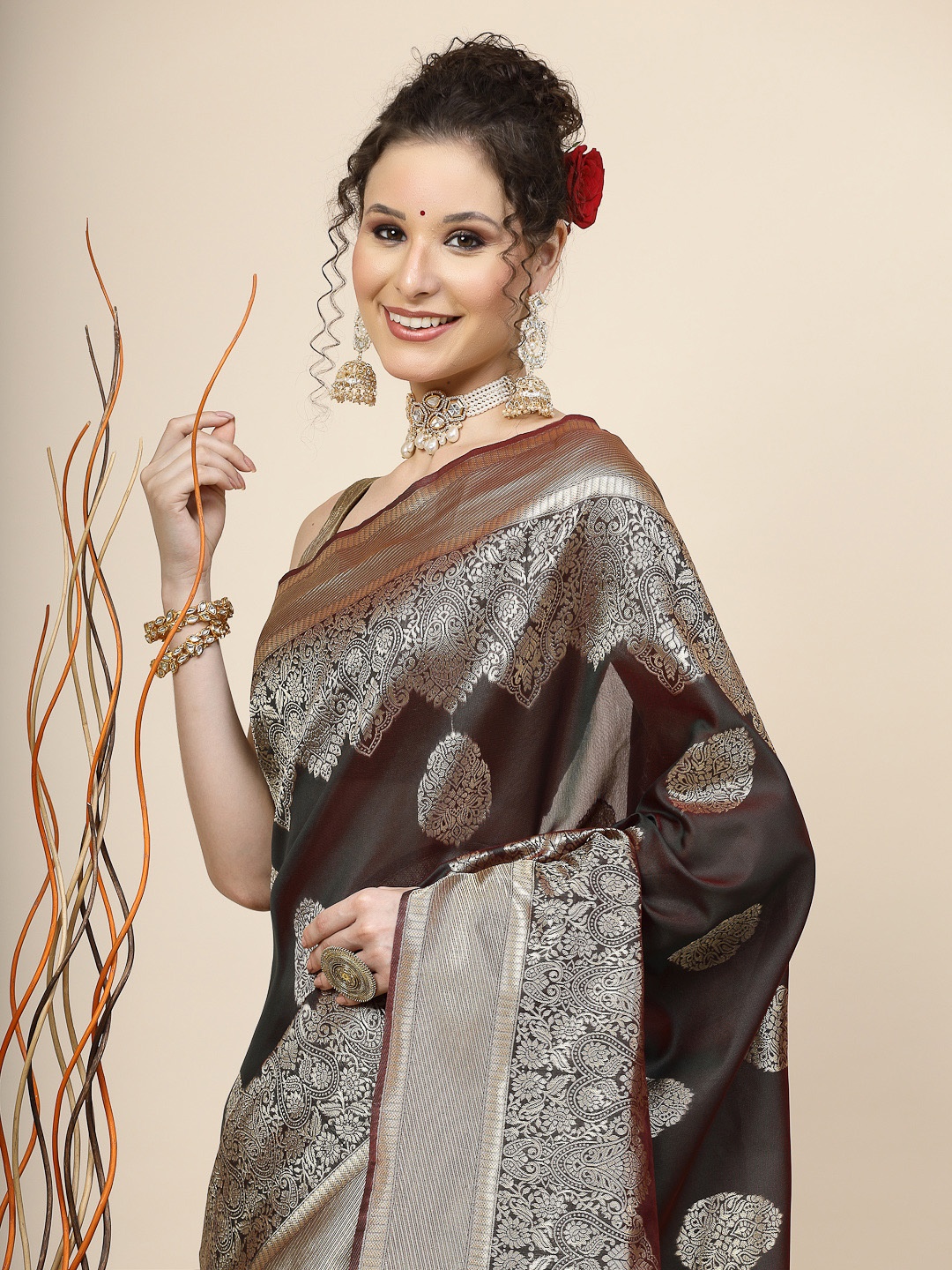 

KALINI Ethnic Motif Woven Design Zari Jacquard Banarasi Saree, Brown