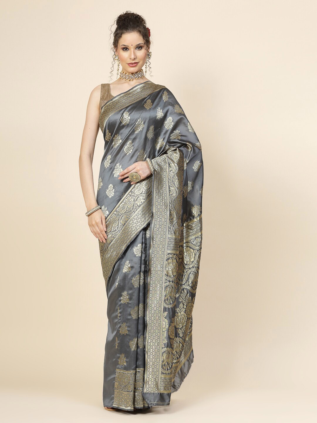 

KALINI Floral Zari Banarasi Saree, Grey