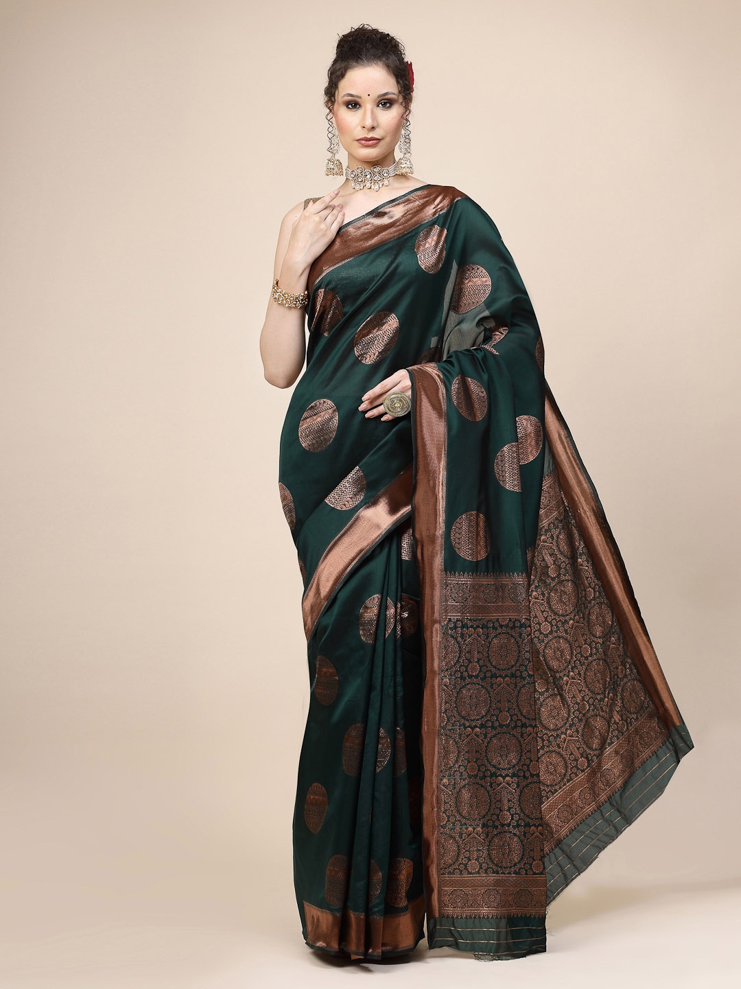 

KALINI Ethnic Motifs Woven Design Jacquard Zari Banarasi Saree, Green