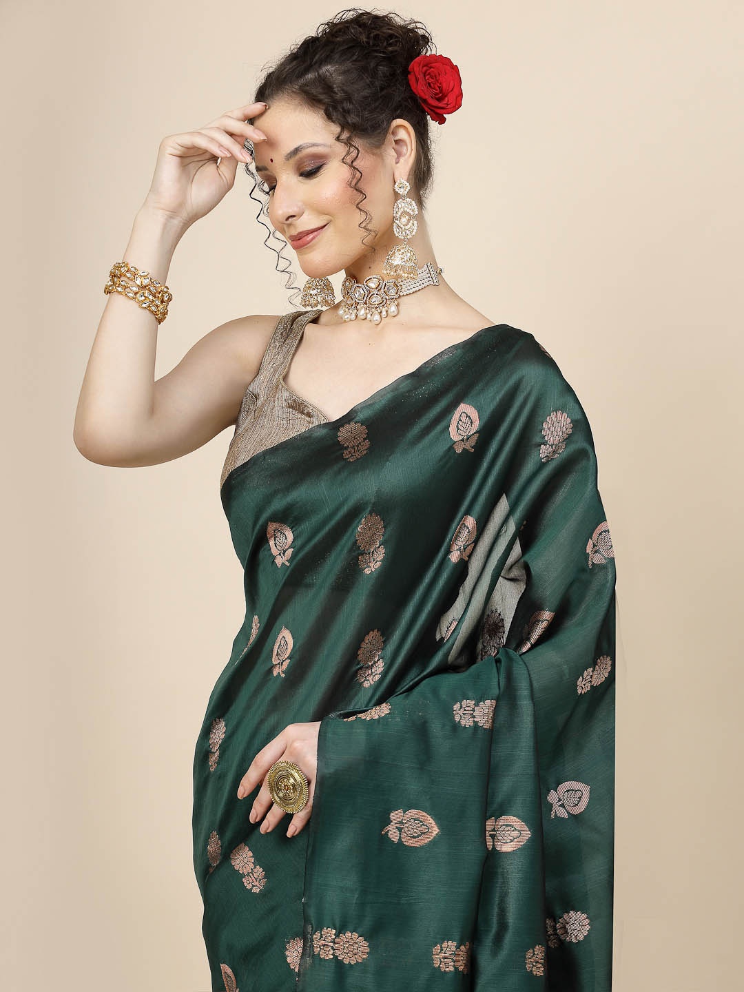 

KALINI Ethnic Motifs Woven Design Jacquard Zari Banarasi Saree, Green