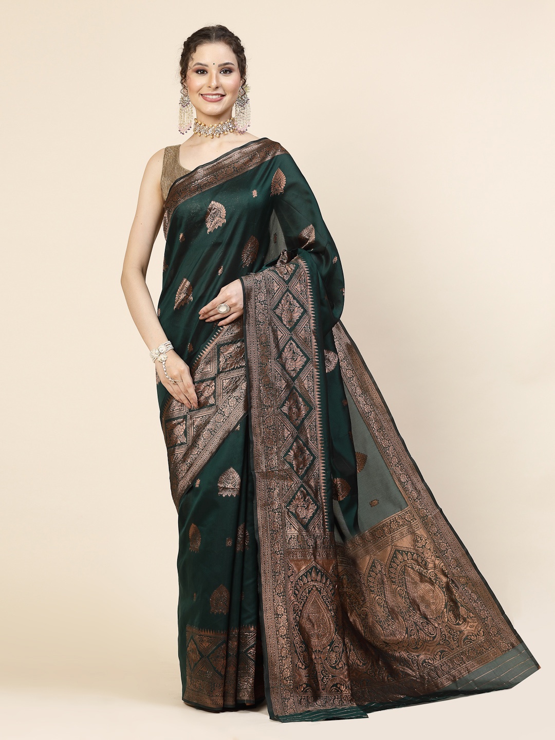 

KALINI Ethnic Motifs Woven Design Jacquard Zari Banarasi Saree, Green