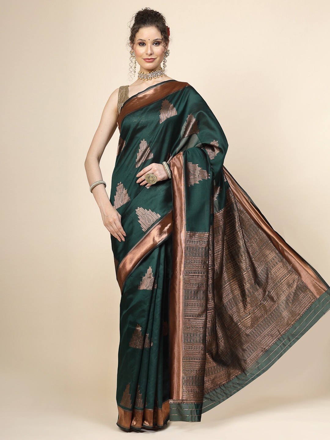 

KALINI Ethnic Motifs Zari Woven Design Banarasi Saree, Green