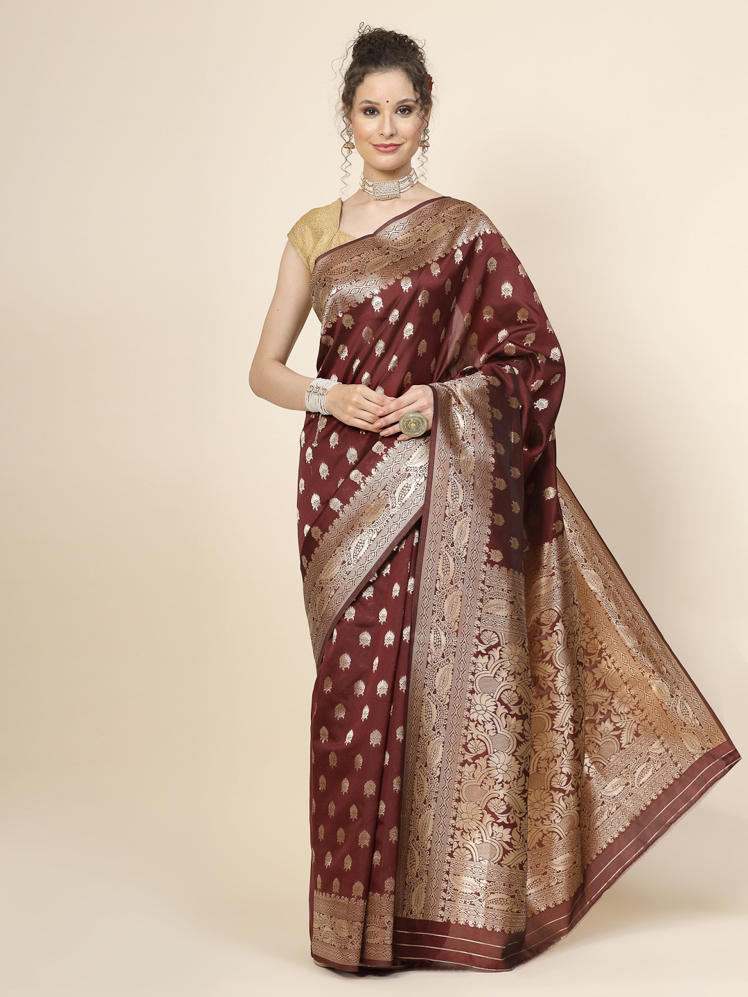 

KALINI Ethnic Motifs Woven Design Jacquard Zari Banarasi Saree, Maroon