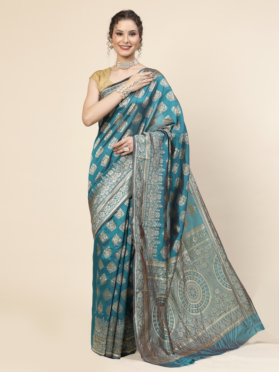 

KALINI Ethnic Motifs Woven Design Jacquard Zari Banarasi Saree, Blue