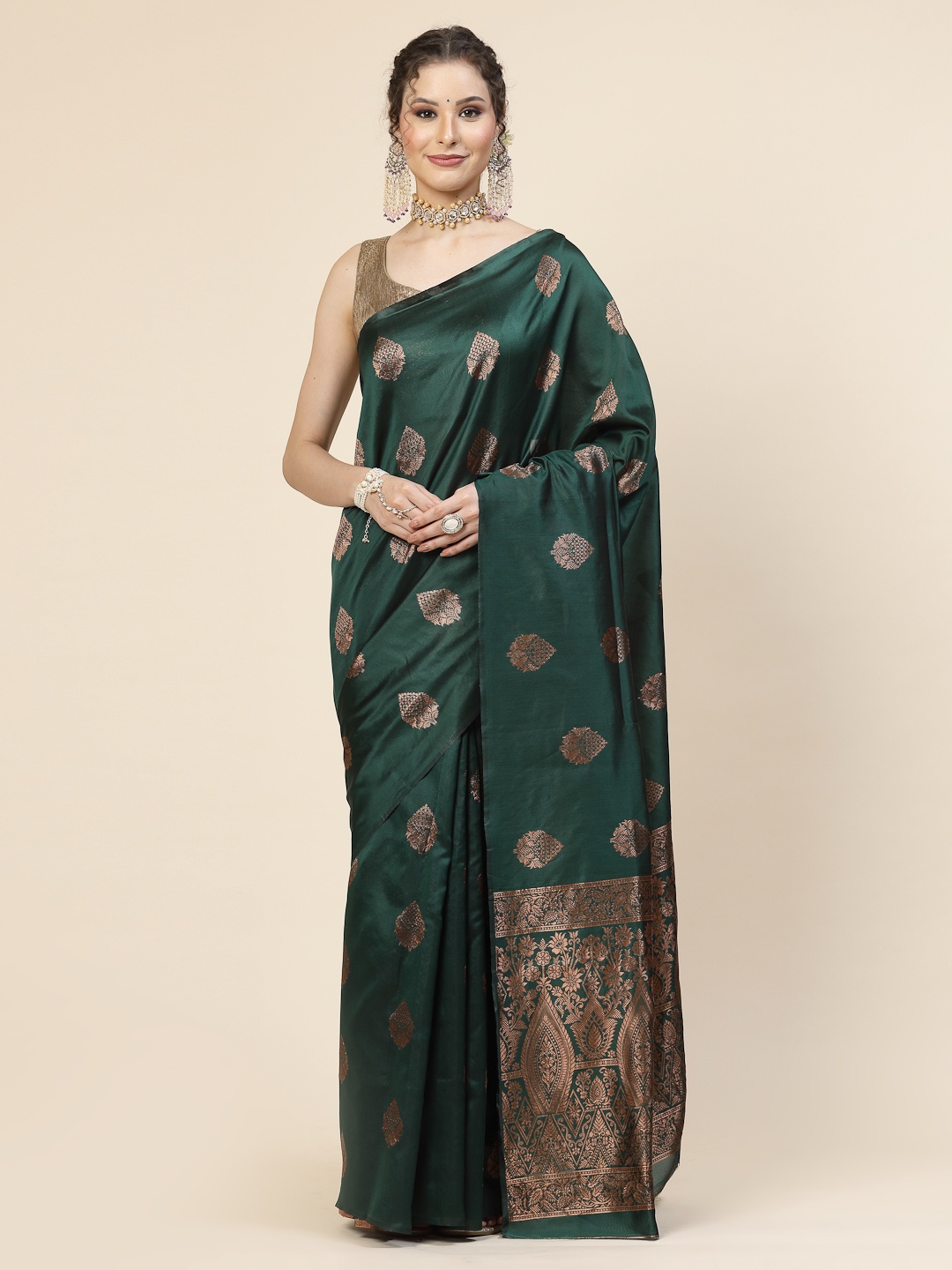 

KALINI Ethnic Motifs Woven Design Jacquard Zari Banarasi Saree, Green