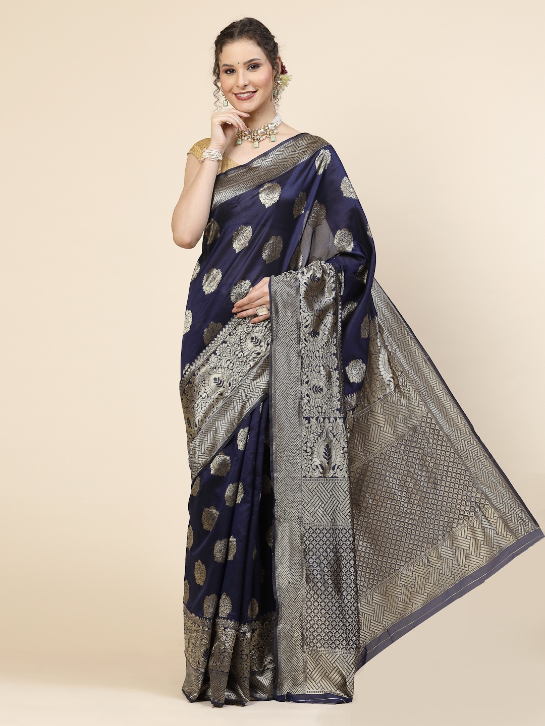 

KALINI Ethnic Motifs Woven Design Jacquard Zari Banarasi Saree, Blue