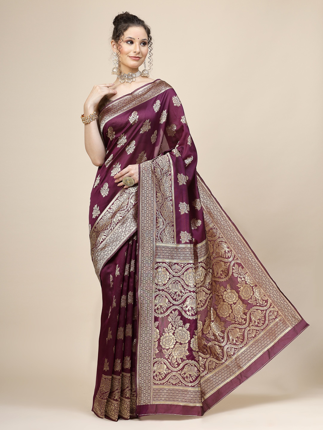 

KALINI Ethnic Motifs Woven Design Jacquard Zari Banarasi Saree, Purple