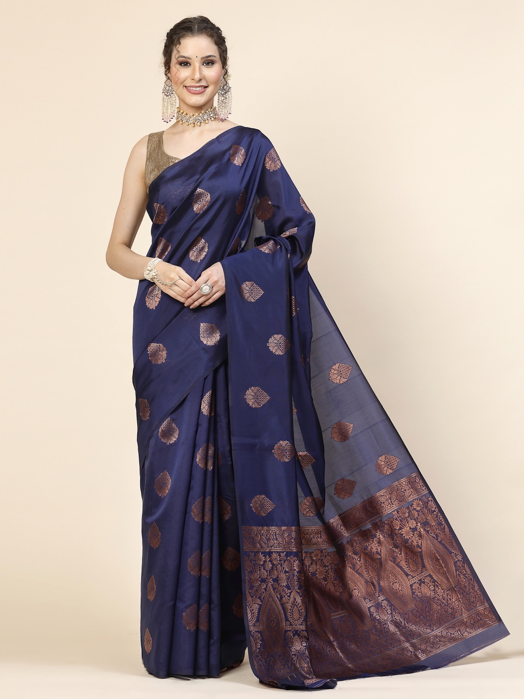 

KALINI Ethnic Motifs Woven Design Jacquard Zari Banarasi Saree, Blue