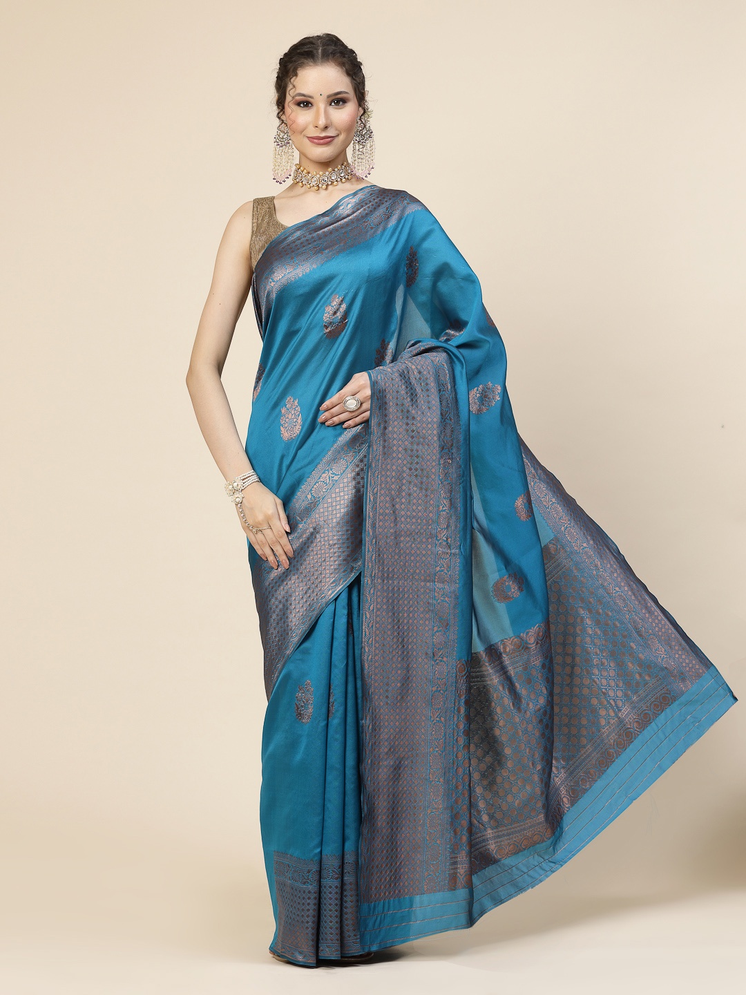 

KALINI Ethnic Motifs Woven Design Jacquard Zari Banarasi Saree, Blue