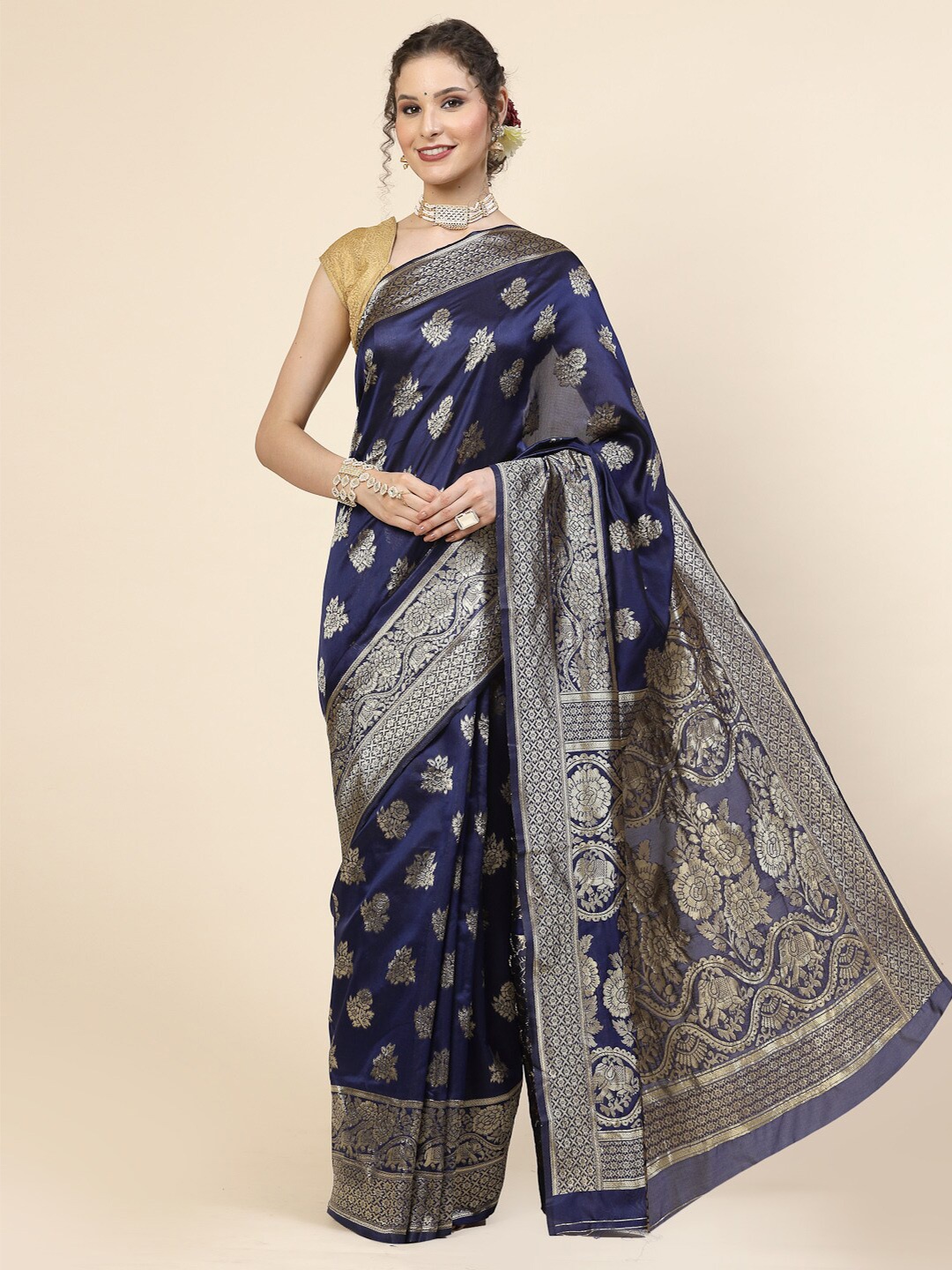 

KALINI Ethnic Motifs Zari Woven Design Banarasi Saree, Blue