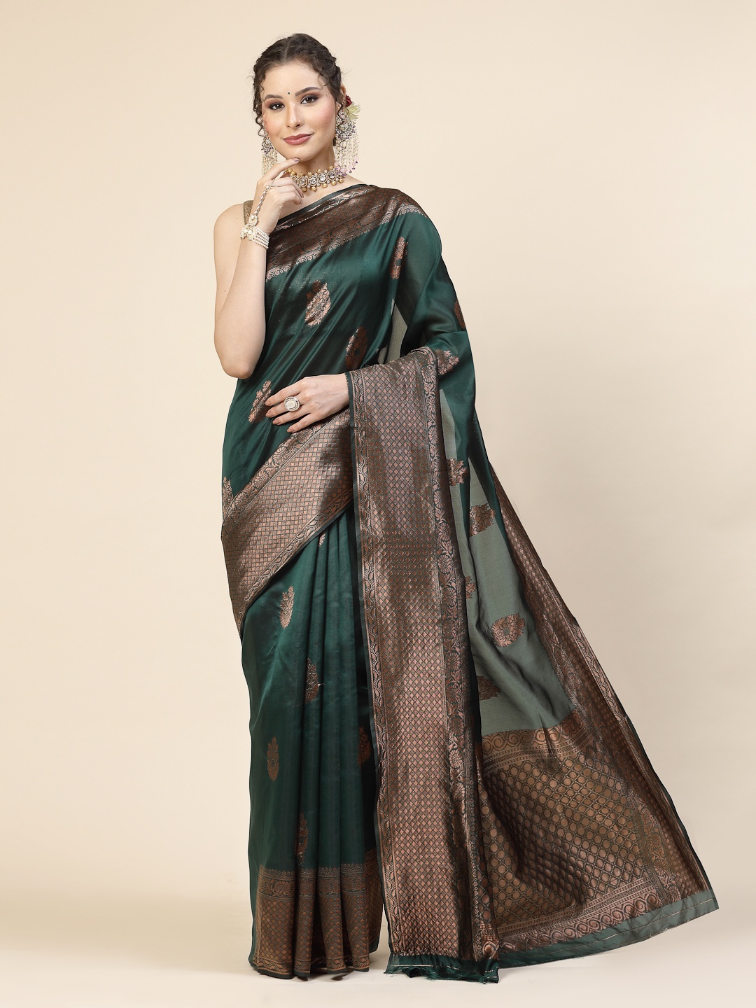 

KALINI Ethnic Motifs Woven Design Jacquard Zari Banarasi Saree, Green