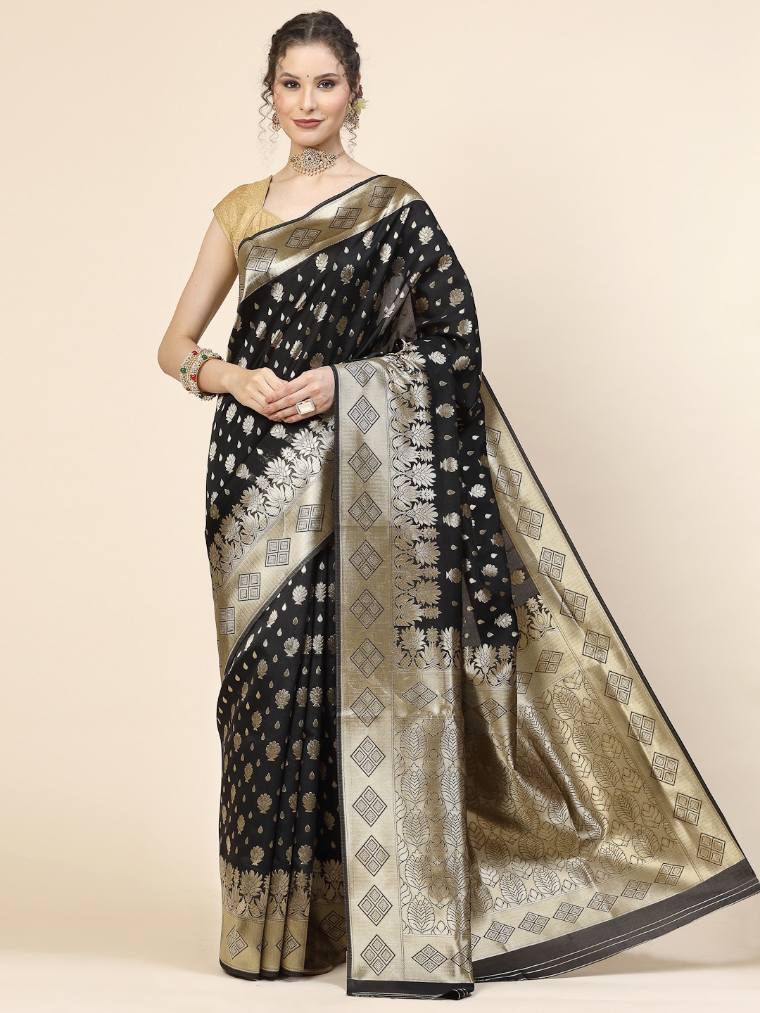

KALINI Ethnic Motifs Woven Design Jacquard Zari Banarasi Saree, Black