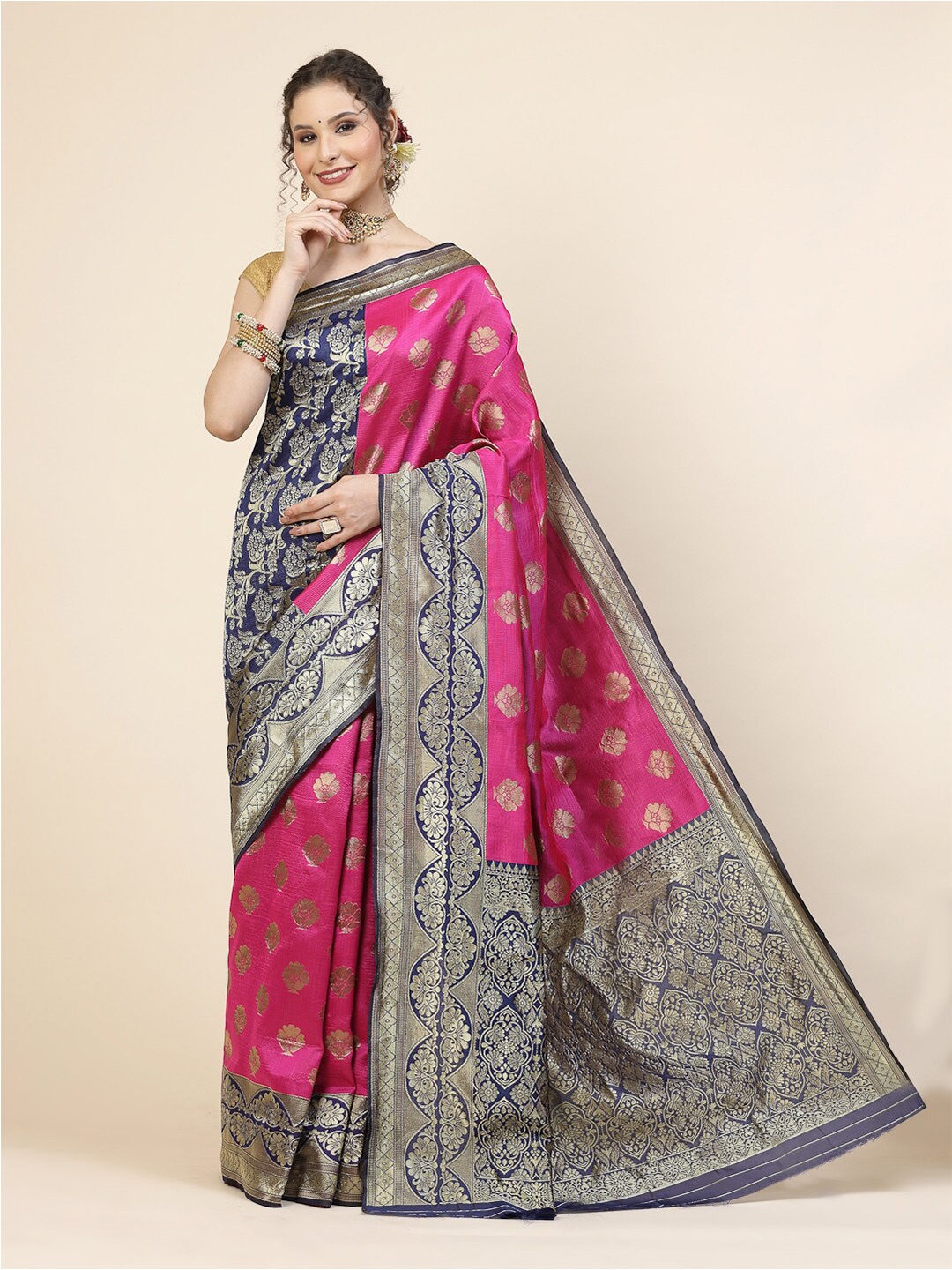 

KALINI Ethnic Motifs Zari Woven Design Banarasi Saree, Pink