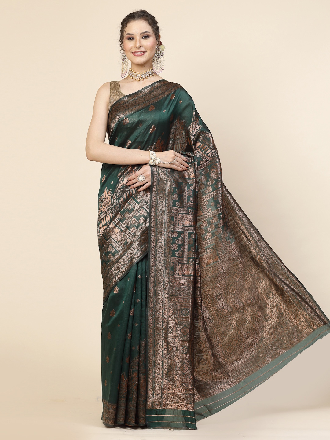 

KALINI Ethnic Motifs Woven Design Jacquard Zari Banarasi Saree, Green