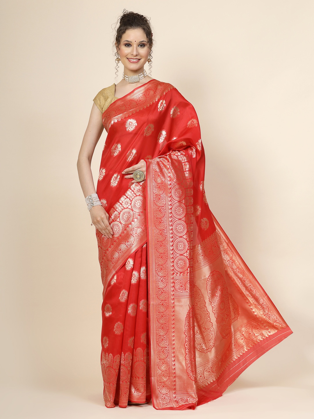 

KALINI Ethnic Motifs Woven Design Jacquard Zari Banarasi Saree, Red