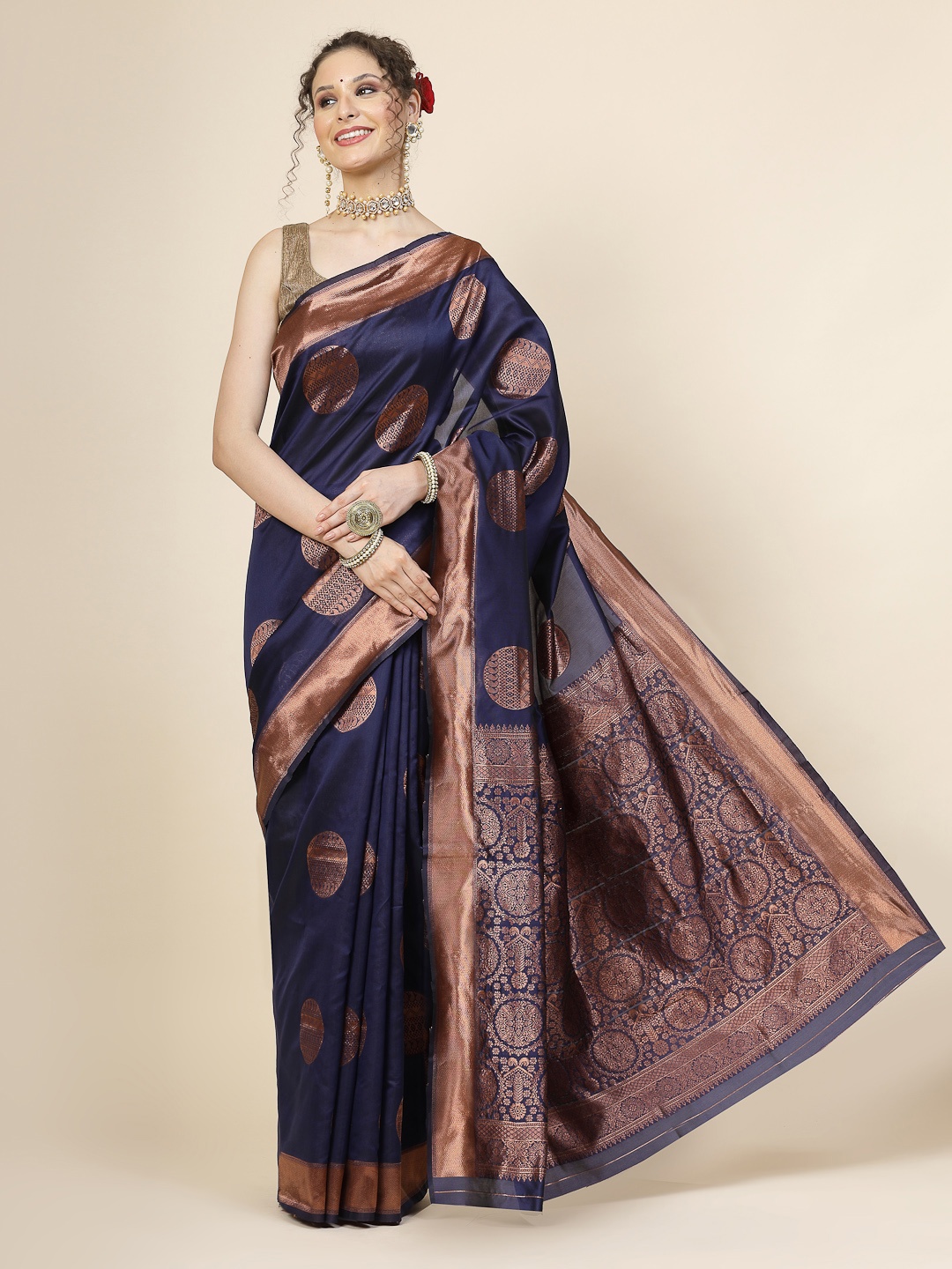 

KALINI Ethnic Motifs Woven Design Jacquard Zari Banarasi Saree, Blue