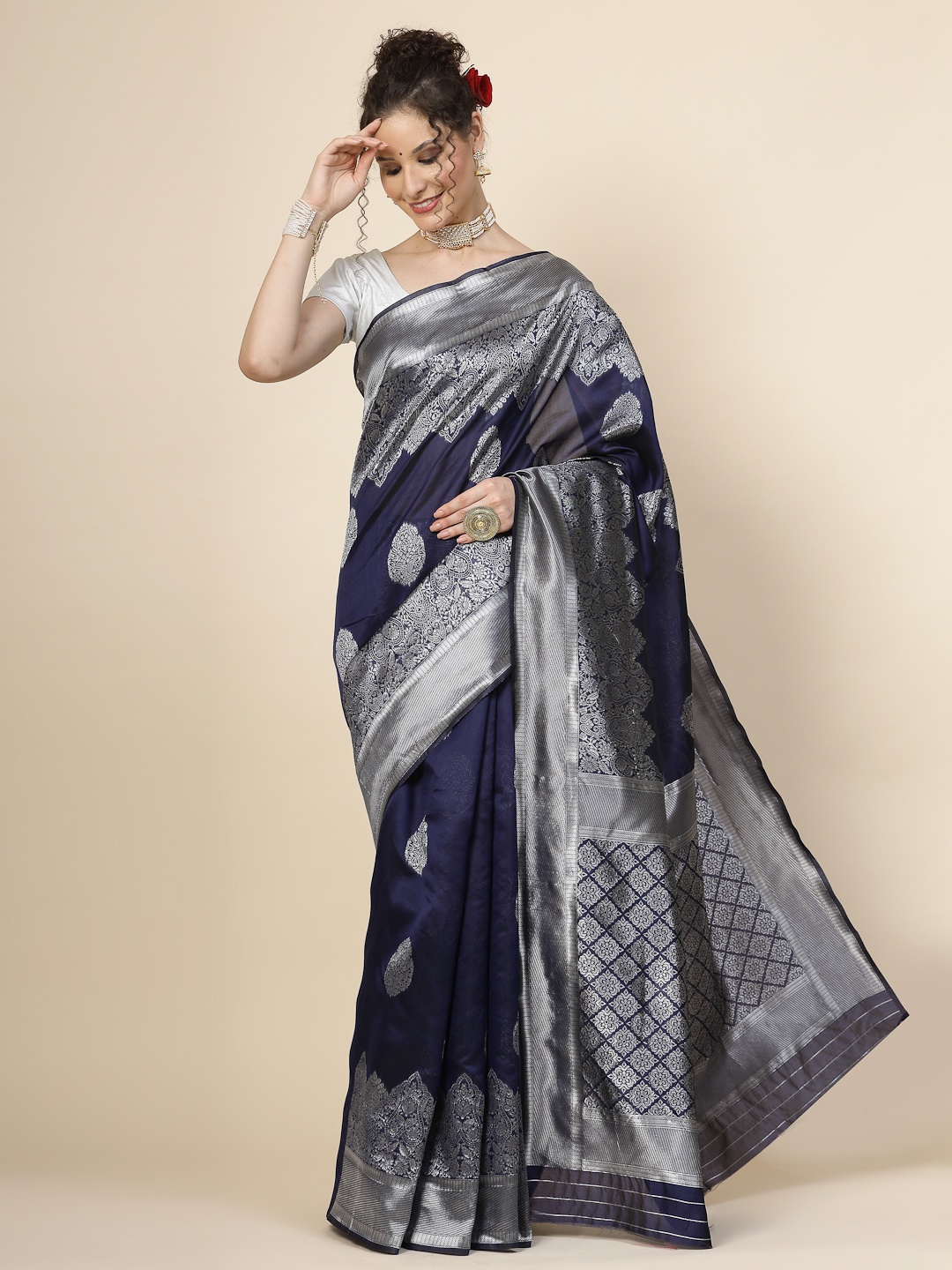 

KALINI Ethnic Motifs Woven Design Jacquard Zari Banarasi Saree, Navy blue