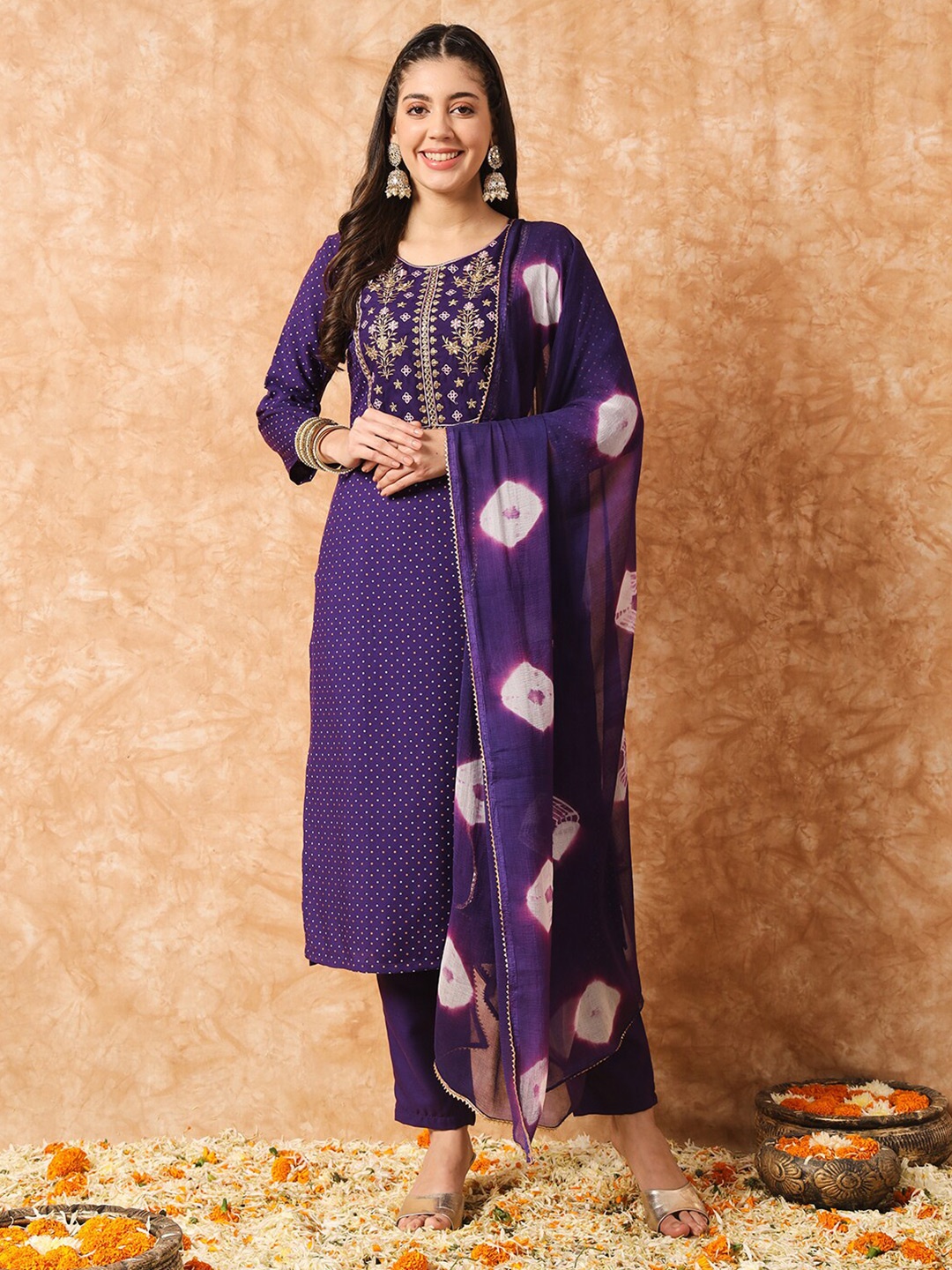 

Navlik Bandhani Printed Thread Work Kurta with Trousers & Dupatta, Violet