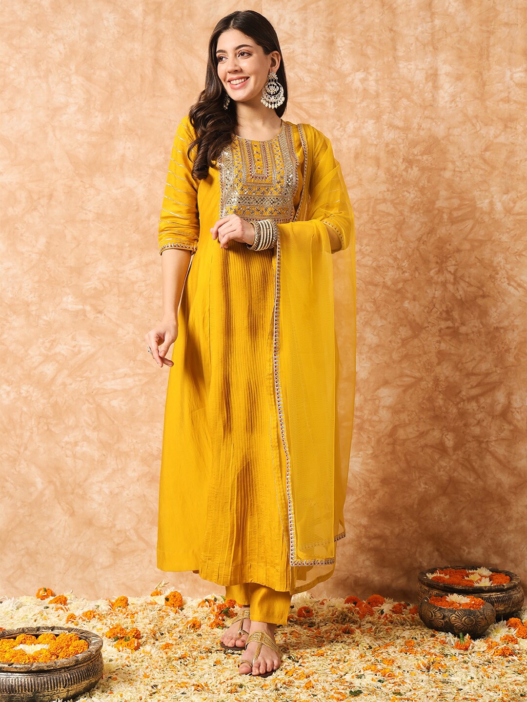 

Navlik Ethnic Motifs Yoke Design Thread Work A-Line Kurta With Trousers & Dupatta, Yellow