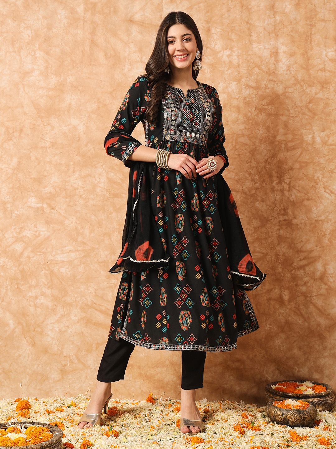 

Navlik Ethnic Motifs Printed A-Line Sequinned Kurta with Trousers & Dupatta, Black
