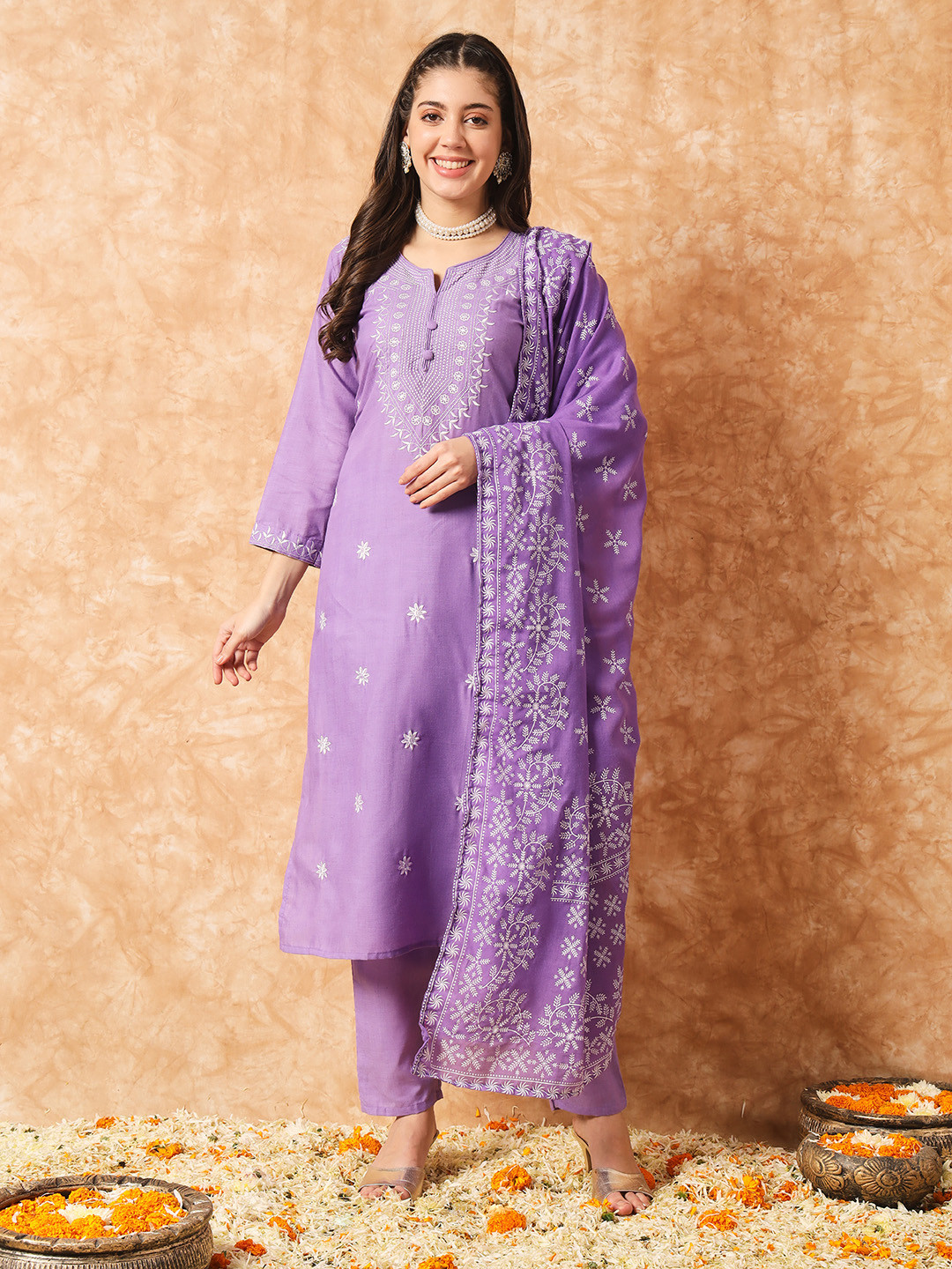 

Navlik Floral Embroidered Pure Cotton Straight Kurta with Trousers & Dupatta, Lavender