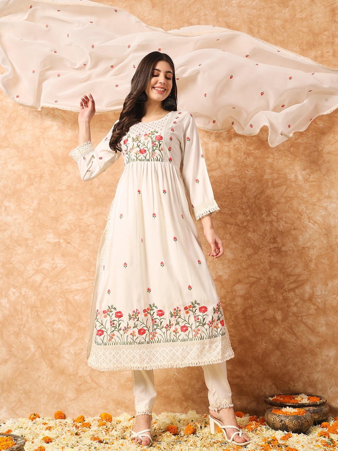 

Navlik Floral Embroidered A-Line Kurta with Trousers & Dupatta, Off white