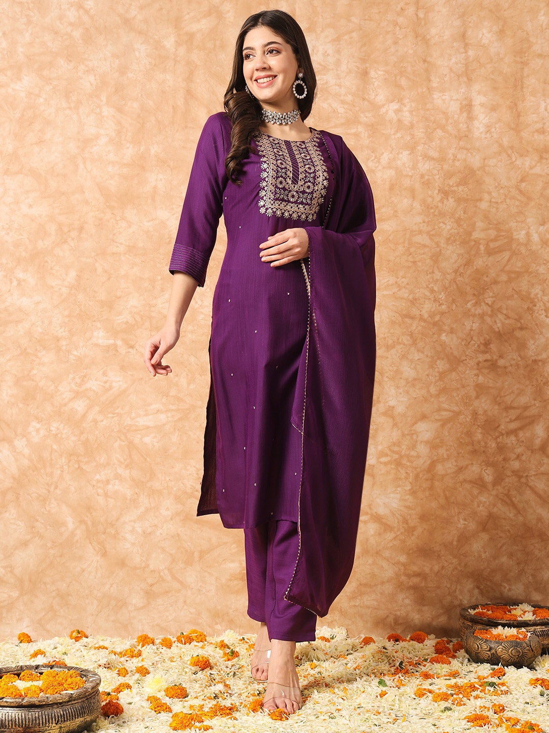 

Navlik Ethnic Motifs Yoke Design Regular Mirror Work Kurta with Trousers & Dupatta, Purple