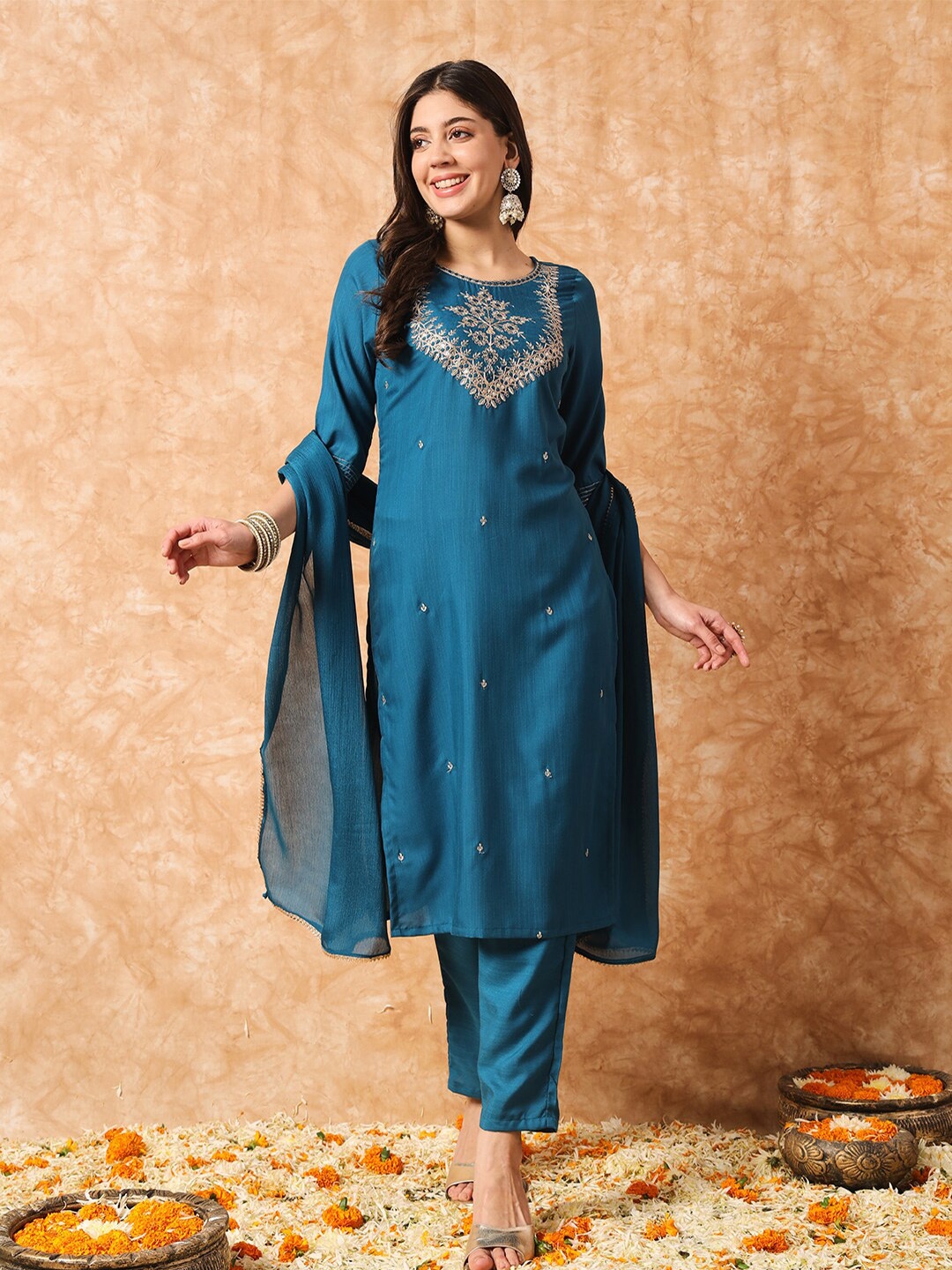 

Navlik Ethnic Motif Embroidered Straight Kurta & Trousers With Dupatta, Blue