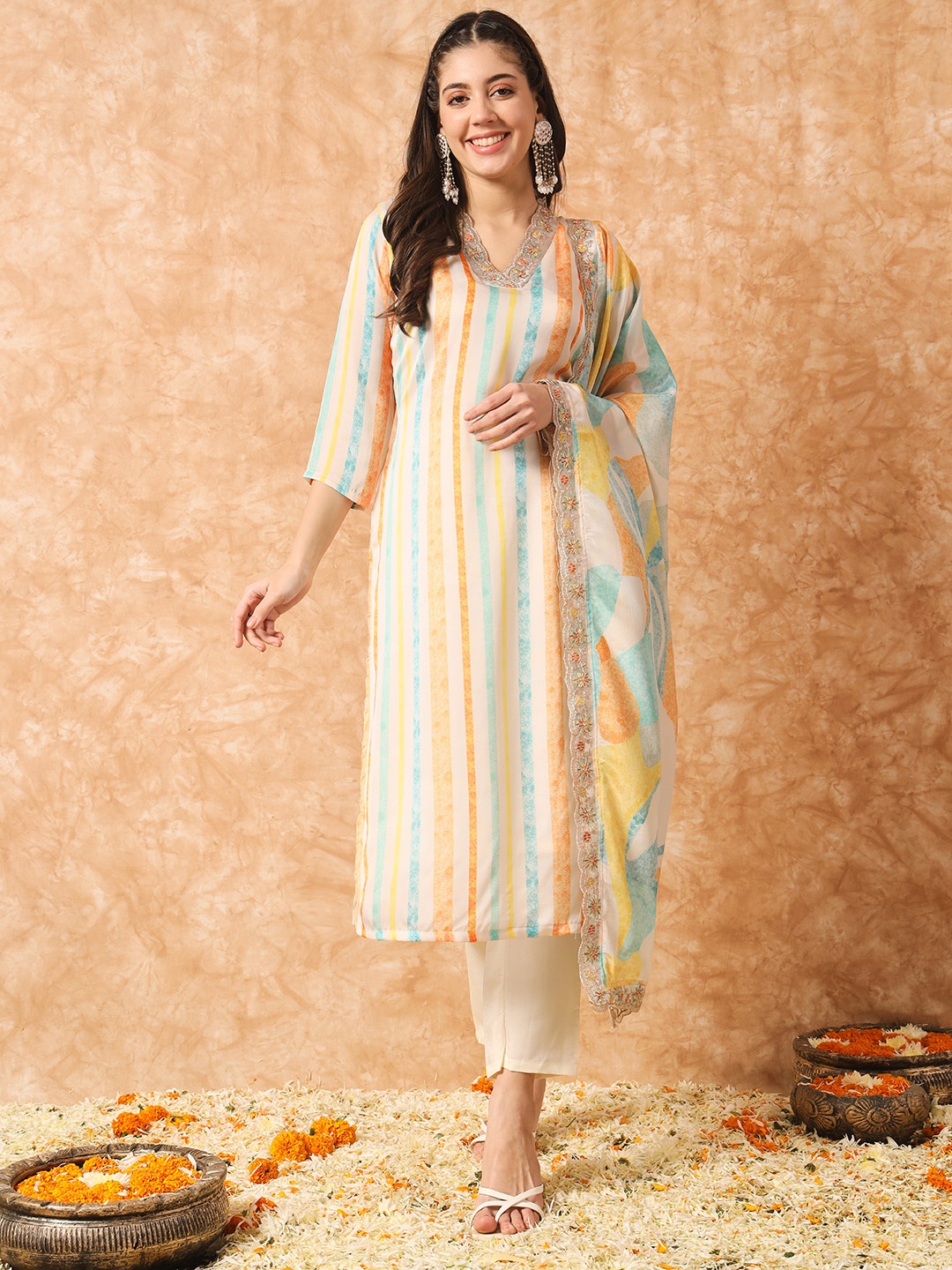 

Navlik Striped Thread Work Straight Kurta & Trousers With Dupatta, Cream