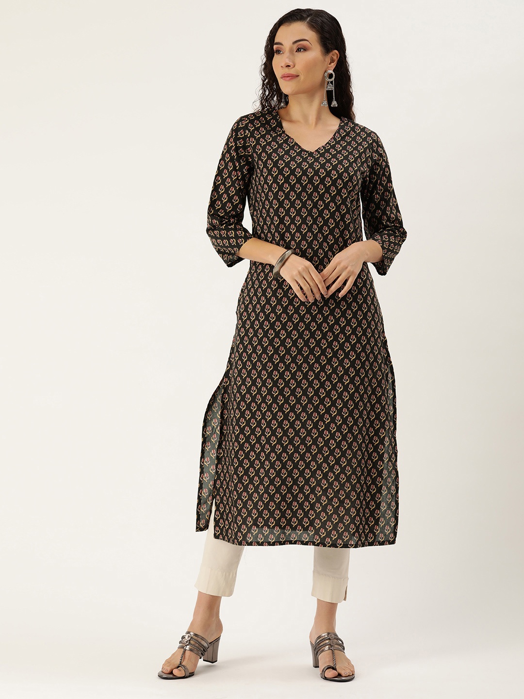 

AMUKTI Floral Printed Kurta, Brown