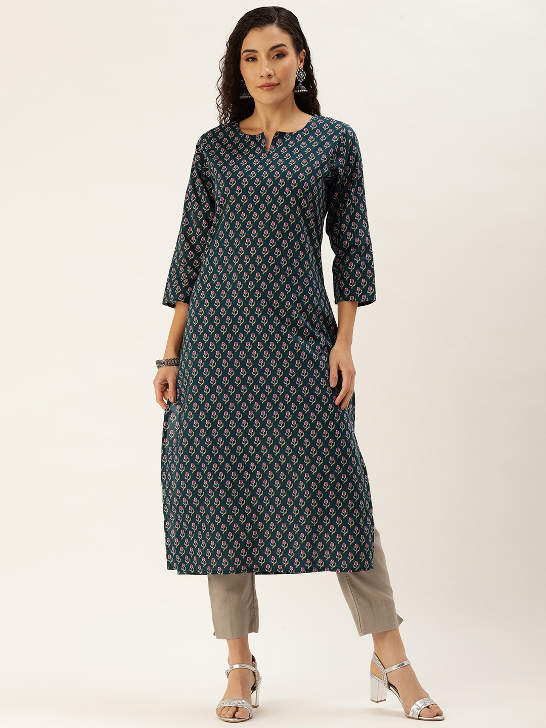 

AMUKTI Floral Printed Kurta, Navy blue