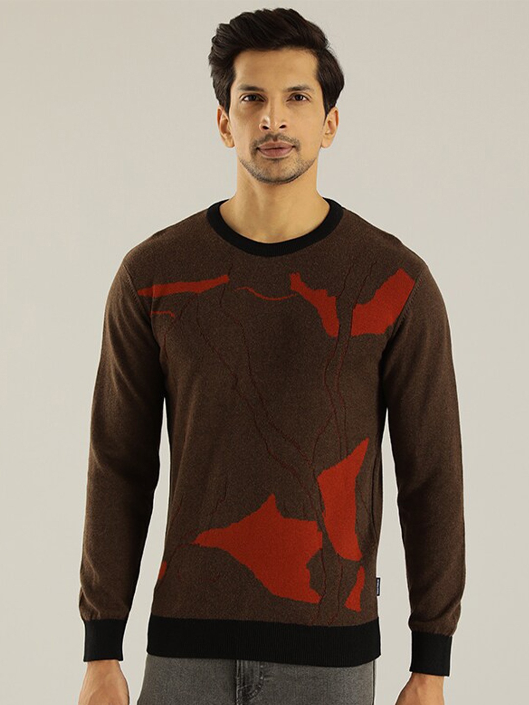 

Indian Terrain Round Neck Long Sleeves Abstract Printed Pullover Sweater, Brown