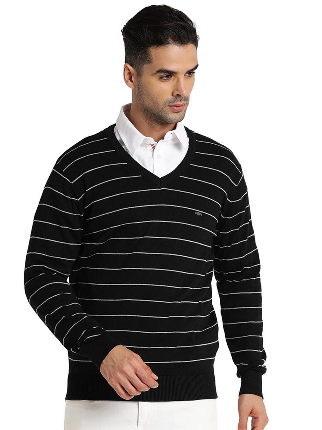 

Indian Terrain Striped Pure Cotton Pullover Sweater, Black