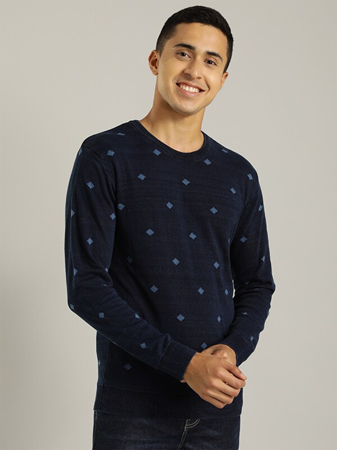 

Indian Terrain Geometric Printed Pure Cotton Pullover, Navy blue