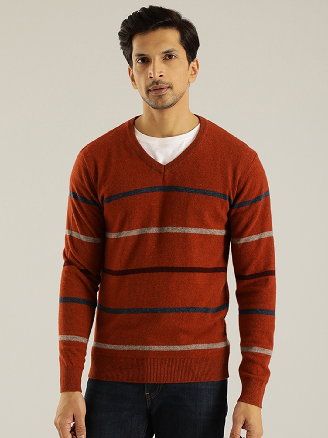 

Indian Terrain V neck Long Sleeves Striped Woollen Pullover, Red