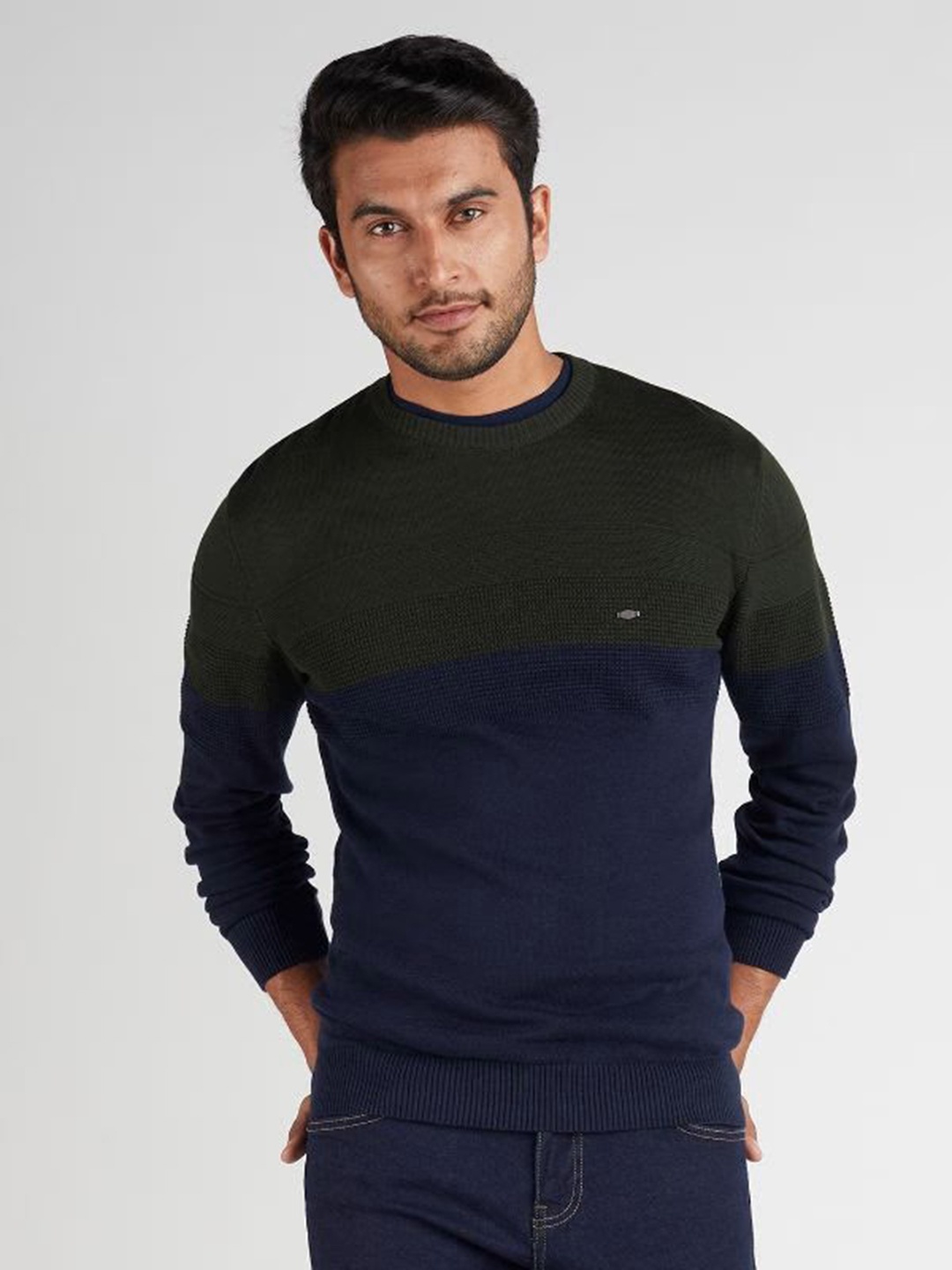 

Indian Terrain Colourblocked Pullover Pure Cotton Sweater, Olive
