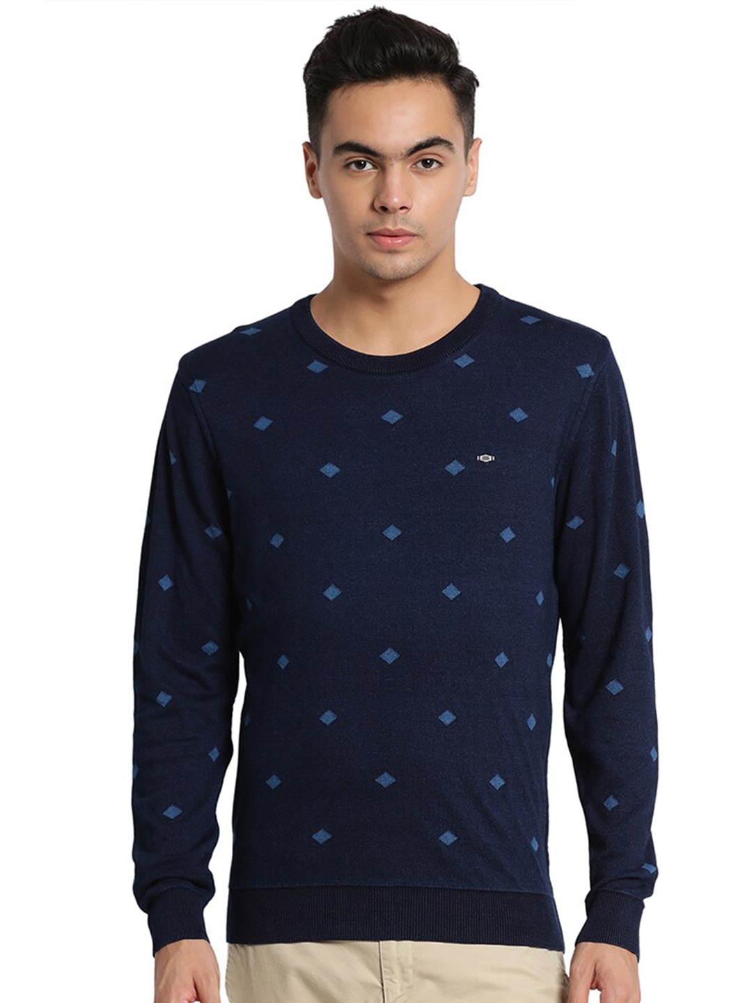 

Indian Terrain Geometric Printed Pure Cotton Pullover, Navy blue
