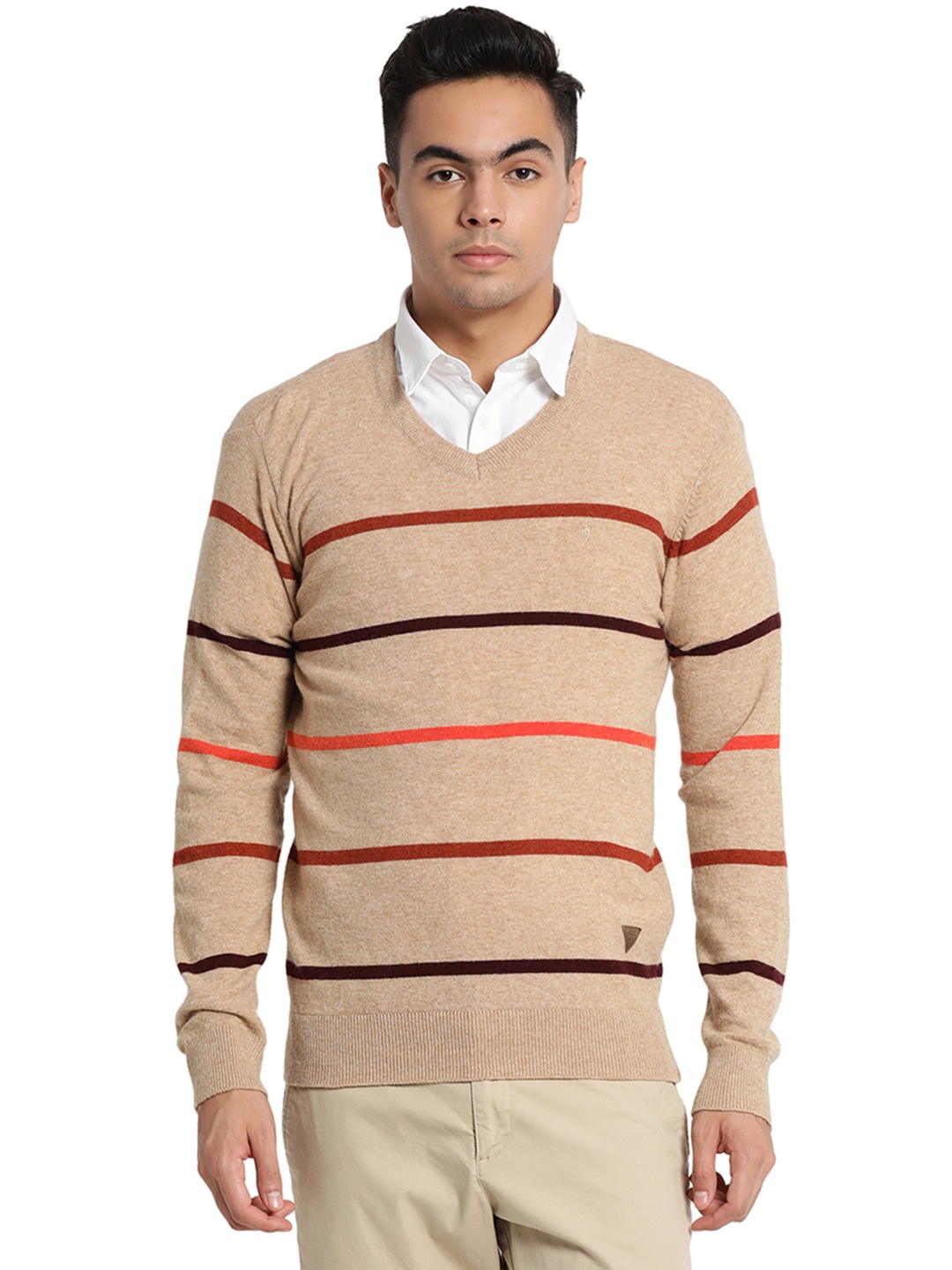 

Indian Terrain v-neck Long Sleeves Striped Woollen Pullover, Beige