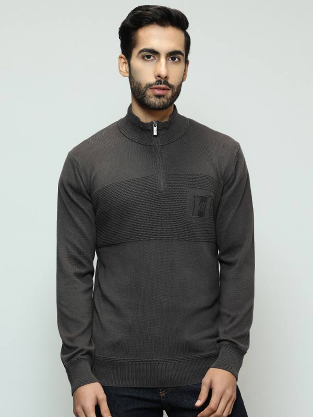 

Indian Terrain Striped Mock Collar Long Sleeves Cotton Pullover, Grey