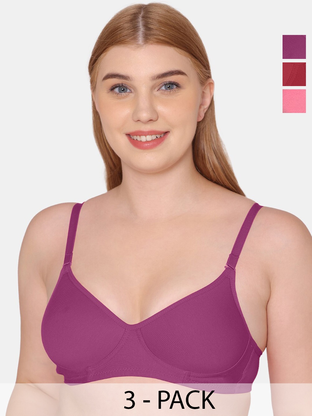 

KOMLI Pack Of 3 Full Coverage Lightly Padded Bra All Day Comfort, Pink